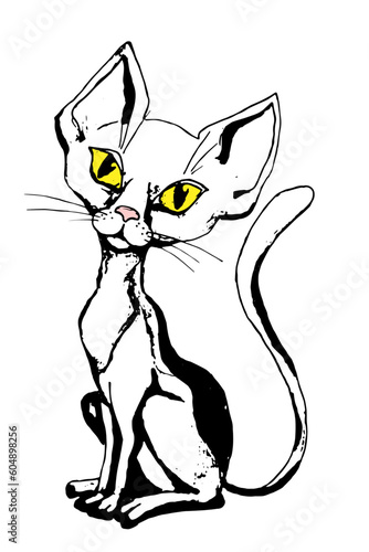 White Oriental cat with yellow eyes. Vector illustration, isolatedon white.