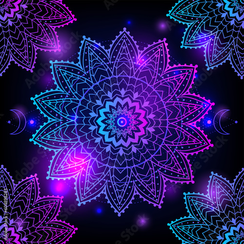 Mandala space. Psychedelic pattern. Vector illustration. Zen Boho art. Decorative mystical, hippie, hallucination psilocybin 60s 70s