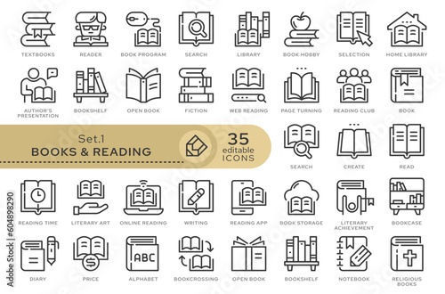 Set of conceptual icons. Vector icons in flat linear style for web sites, applications and other graphic resources. Set from the series - Books and REading. Editable outline icon.	
