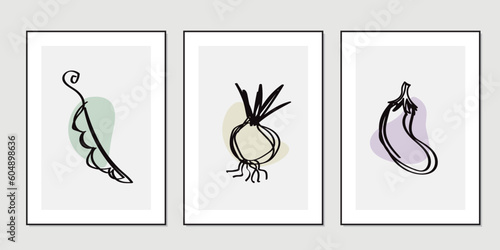 Food vegetables peas eggplant onion wall art print. Printable minimal abstract poster. Wall artwork for interior design. Contemporary decorative background.