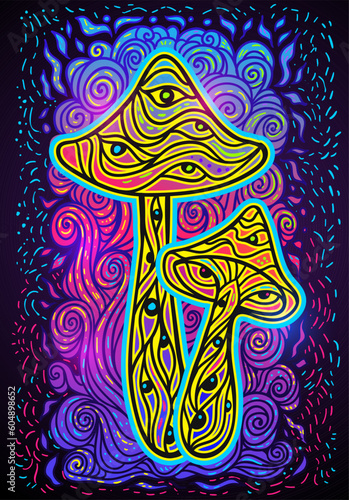 Magic Mushrooms. Psychedelic fluorescent, neon poster. Vector illustration. Zen art. Decorative mushrooms, hippie, hallucination, psilocybin 60s 70s purple black