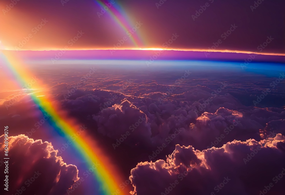 Stunning rainbow over violet purple cloudy sky as panoramic high altitude shot. Dawn early morning sunrise from a satellite above earth with space. Phenomenon full spectrum rainbow. Generative ai. Stunning rainbow over violet purple cloudy sky as panoramic high altitude shot. Dawn early morning sunrise from a satellite above earth with space. Phenomenon full spectrum rainbow. Generative ai.