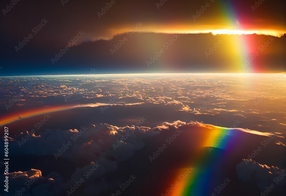 Stunning sunrise sun with rainbow over clouds sky as panoramic high altitude shot. Dawn early morning sunrise from a satellite above earth with space. Phenomenon full spectrum rainbow. Generative ai. Stunning sunrise sun with rainbow over clouds sky as panoramic high altitude shot. Dawn early morning sunrise from a satellite above earth with space. Phenomenon full spectrum rainbow. Generative ai.