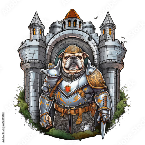 An English Bulldog dressed as a knight, wearing armor and a helmet, standing in front of a castle gate with a sword in his paw. The environment is a medieval castle with stone walls and, Generative Ai photo