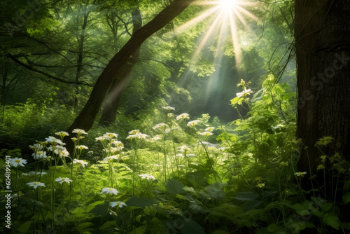 Sunshine on trees in a forest  flowers and nature motifs  naturalistic landscape backgrounds. Generative Ai Illustration.