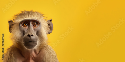 Portrait of a baboon isolated on bright yellow background. Banner, place holder, copy space. photo