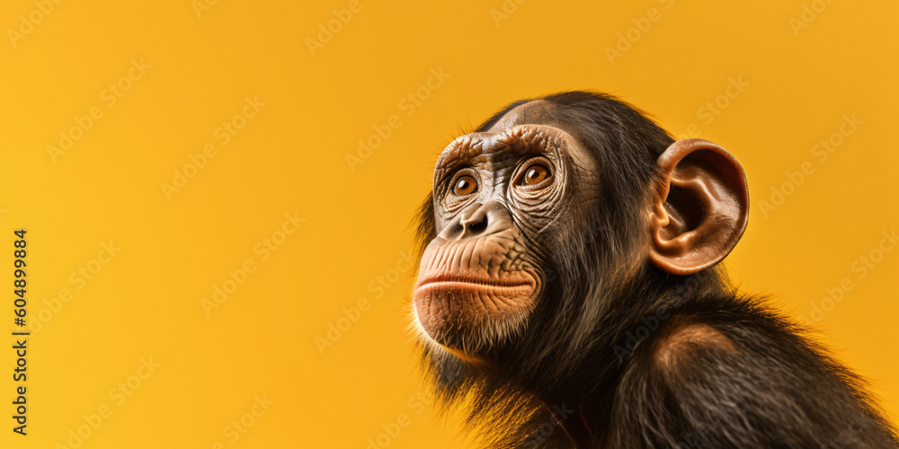 Portrait of a chimpanzee isolated on bright yellow background. Banner, place holder, copy space. Portrait of a chimpanzee isolated on bright yellow background. Banner, place holder, copy space.