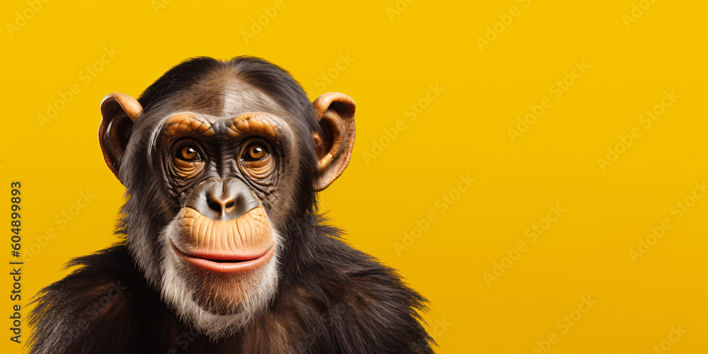 Portrait of a chimpanzee isolated on bright yellow background. Banner, place holder, copy space. Portrait of a chimpanzee isolated on bright yellow background. Banner, place holder, copy space.