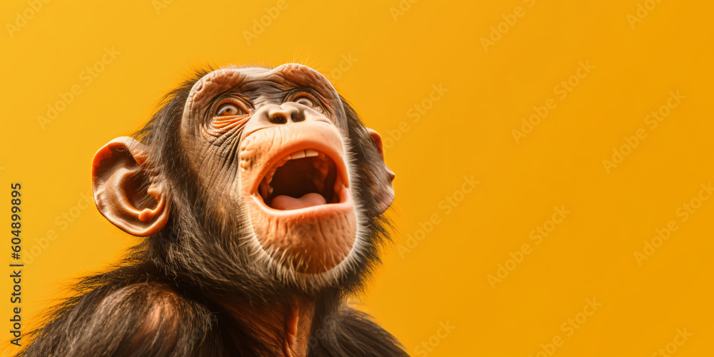 Portrait of a chimpanzee isolated on bright yellow background. Banner, place holder, copy space. - obrazy, fototapety, plakaty 