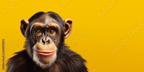 Portrait of a chimpanzee isolated on bright yellow background. Banner, place holder, copy space.