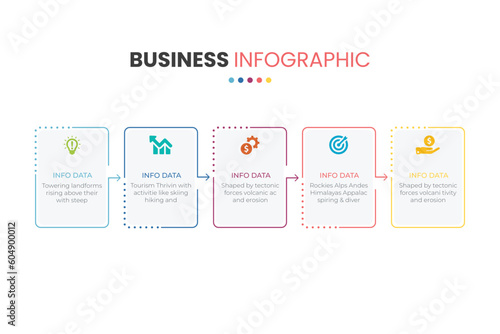 Business infographic thin line process with square template design with icons and 5 options or steps. Vector illustration.
