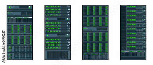 Set of various server racks. Server in cabinets. Server room data center. Server in flat design. Vector illustration
