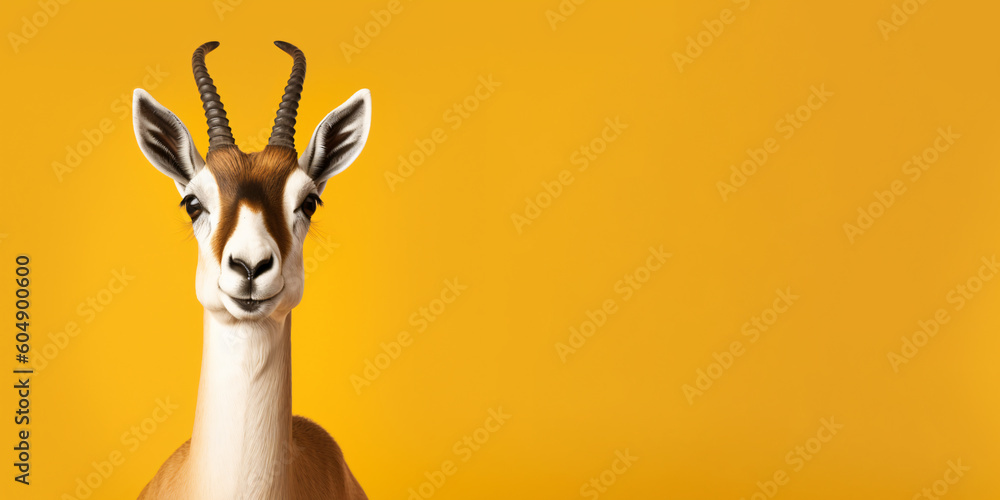 Portrait of a funny springbok isolated on bright yellow background. Banner, place holder, copy space. - obrazy, fototapety, plakaty 