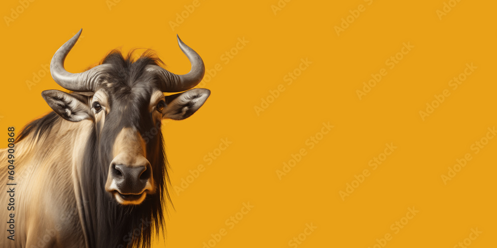 Portrait of a wildebeest isolated on bright yellow background. Banner, place holder, copy space.