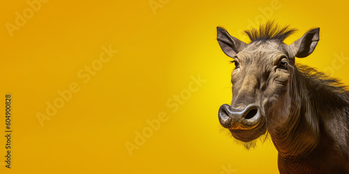Portrait of a funny African warthog isolated on bright yellow background. Banner  place holder  copy space.