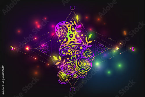 Magic Mushrooms. Psychedelic poster.Vector illustration. Zen boho art. Decorative mushrooms, hippie, neon, hallucination psilocybin 60s 70s