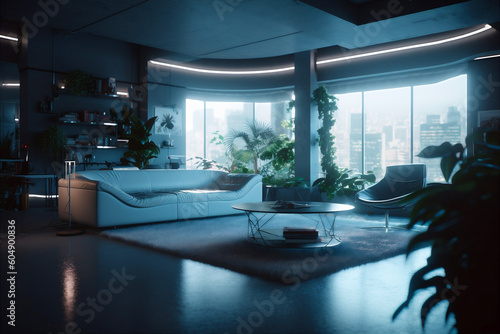 Sleek and Futuristic Living Room with Modern Design. AI generated.