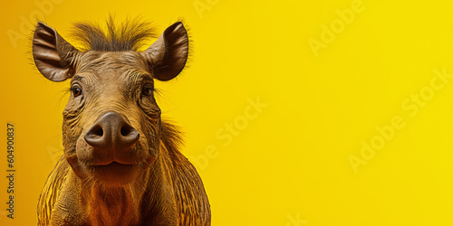 Portrait of a funny African warthog isolated on bright yellow background. Banner, place holder, copy space.