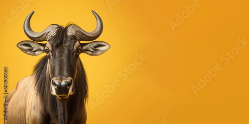 Portrait of a wildebeest isolated on bright yellow background. Banner, place holder, copy space.
