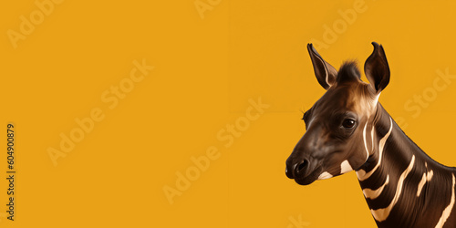Portrait of an okapi isolated on bright yellow background. Banner  place holder  copy space.