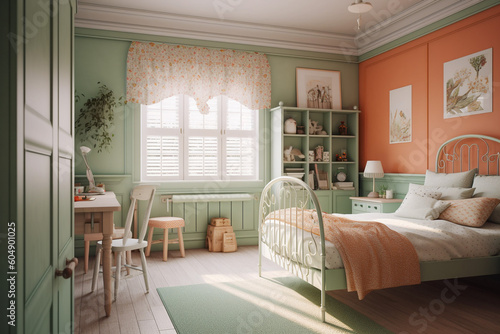 Modern cozy childrens room  classic interior design with light coral  green and white colors. Super photo realistic background  generative ai illustration