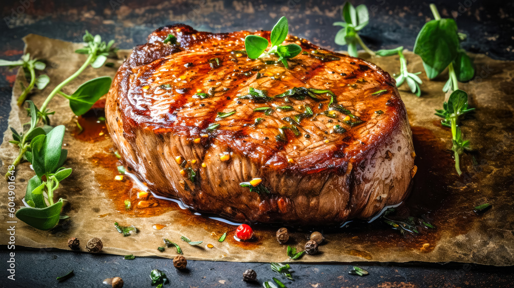 Sliced steak ribeye, grilled with spices served on cutting board. Gourmet food. Generative AI Sliced steak ribeye, grilled with spices served on cutting board. Gourmet food. Generative AI