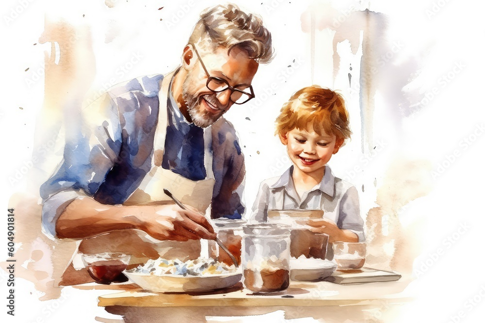 Father and child enjoying a day of baking and decorating delicious treats. Watercolor, Father's Day Concept.