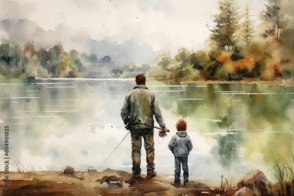 Father and child fishing by the lake. watercolor, father's day concept.