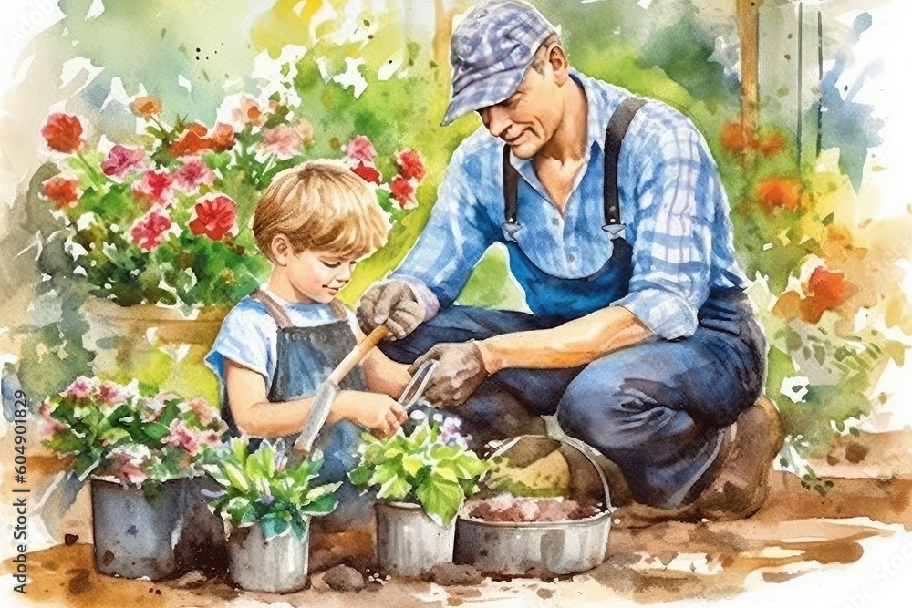 custom made wallpaper toronto digitalFather and child gardening and planting flowers. Watercolor, father's day concept.