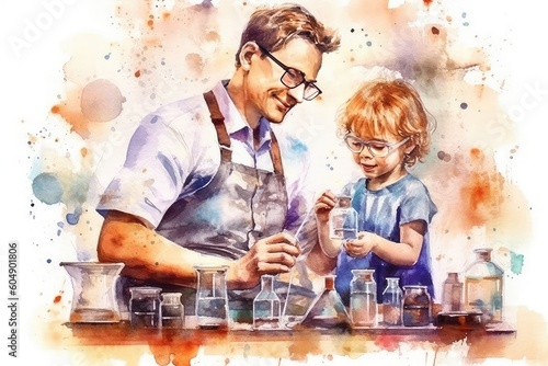 Father and child having a fun science experiment in the kitchen. Watercolor, Father's Day Concept. 
