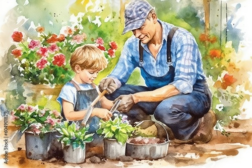 Father and child gardening and planting flowers. Watercolor, father's day concept. 