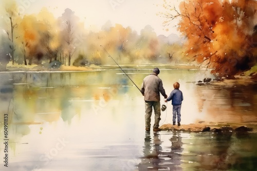 Father and child fishing by the lake. watercolor, father's day concept. © Man888