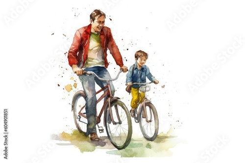 Father and child going on a bike ride. Watercolor, father's day concept. Ultra High Realistic.
