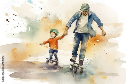 Father and child going on a roller blading. Watercolor, father's day concept. Ultra High Realistic.