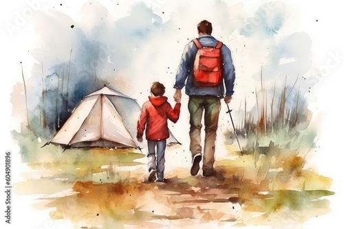 Father and child going on a camping adventure. Watercolor  Father s Day concept. 