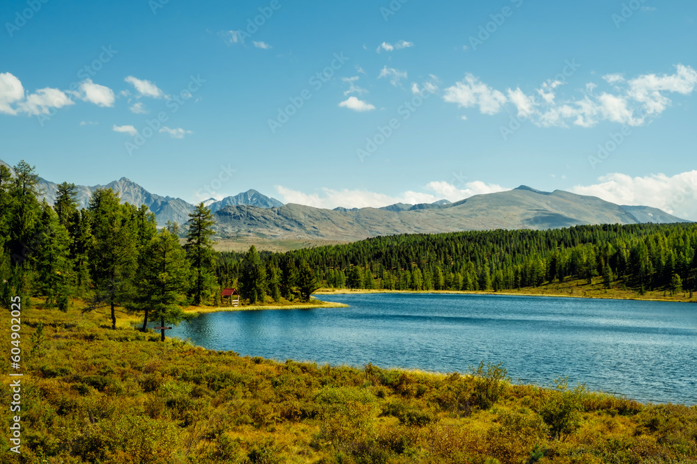 Fototapeta premium Beautiful natural landscape, picturesque mountain lake in sunny summer day. Big panorama, Altai, Siberia.