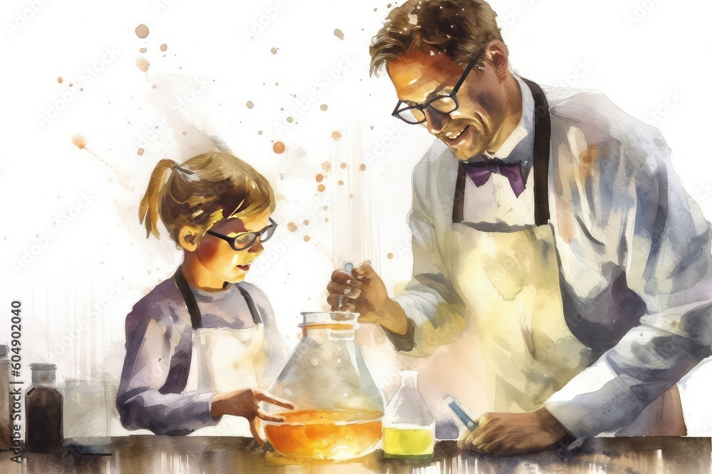 Father and child having a fun science experiment in the kitchen. Watercolor, Father's Day Concept.