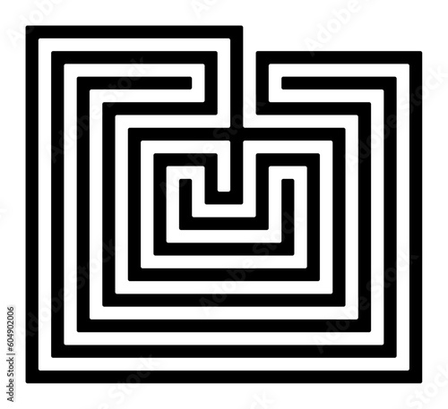 Rectangle shaped Cretan labyrinth. Classical design of a single path in seven courses, as depicted on silver coins from Knossos. A confusing structure in Greek mythology, served to hold the Minotaur.