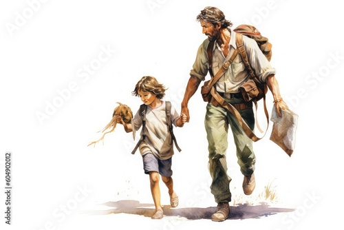 Father and child going on a treasure hunt or a scavenger hunt. Watercolor, Father's Day Concept. 