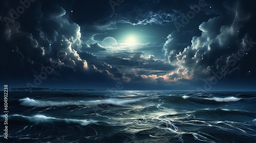 Tela Cloudy night ocean landscape with the Moon and stars