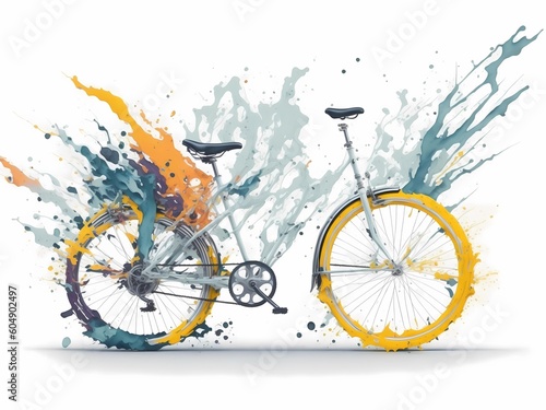 Bicycle or bike with abstract rainbow splattered paint on a white background. Generative ai.