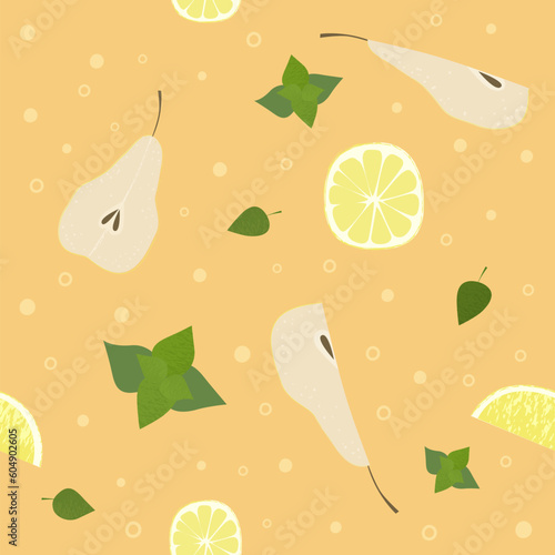 Pear lemon mint lemonade. pattern. Summer fruits textured. Hand drawn organic vector illustration