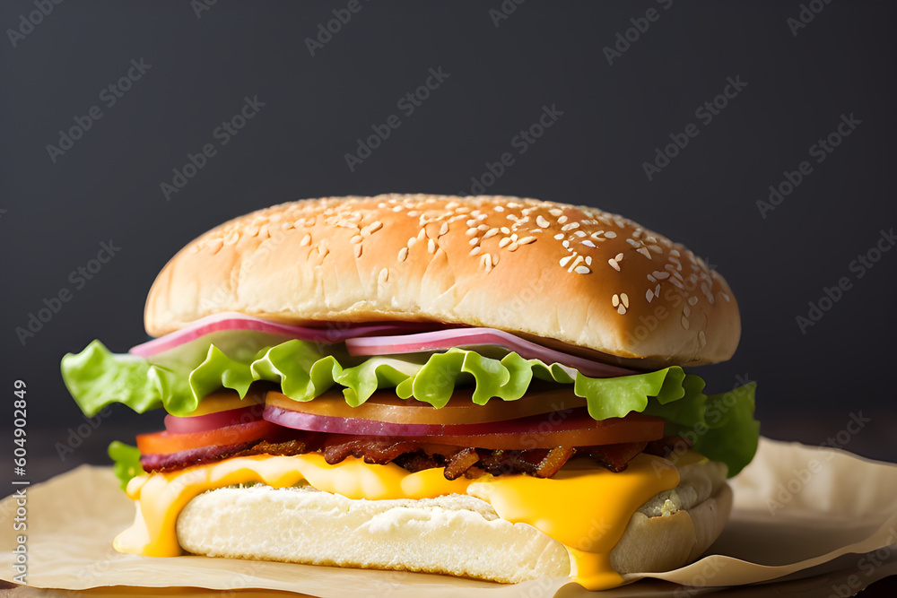 Food photography of Huge sandwiches with cheeses, bacon and tomato.. Food photography of Huge sandwiches with cheeses, bacon and tomato..