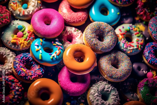 close up of colorful donuts