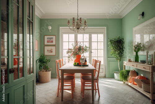 Modern cozy kitchen, classic interior design with light coral, green and white colors. Super photo realistic background, generative ai illustration © Anna