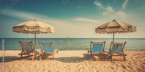 Holidays on the tropical coast, sand beach chairs and an umbrella, golden hues