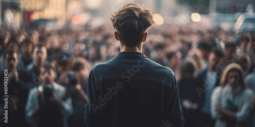 With selective focus, a crowd captures the moment, aiming their lenses at a lone individual standing tall. A captivating scene of attention and admiration unfolds Generative AI © Kishore Newton