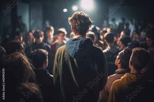Full focus on lone guy standing in a crowd. Generative AI