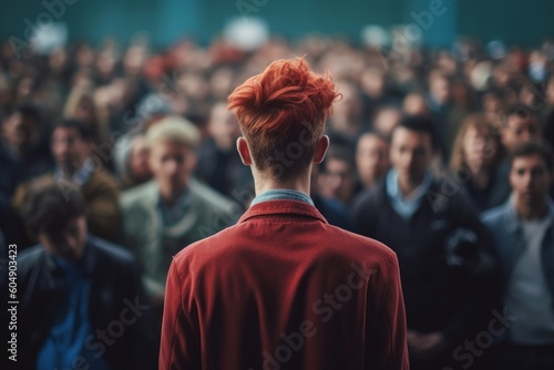 A lone guy standing in front of a crowd. Generative AI