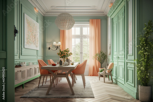 Modern cozy kitchen  classic interior design with light coral  green and white colors. Super photo realistic background  generative ai illustration
